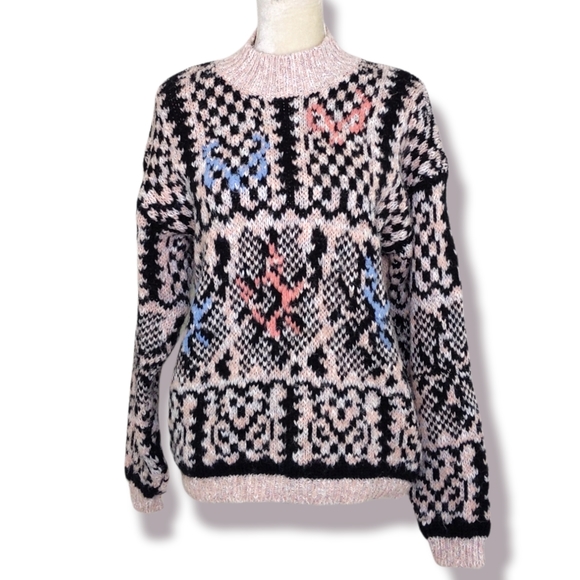 Vintage Sweaters - Vintage T.O. Pink Intarsia Knit Mock Neck Sweater M